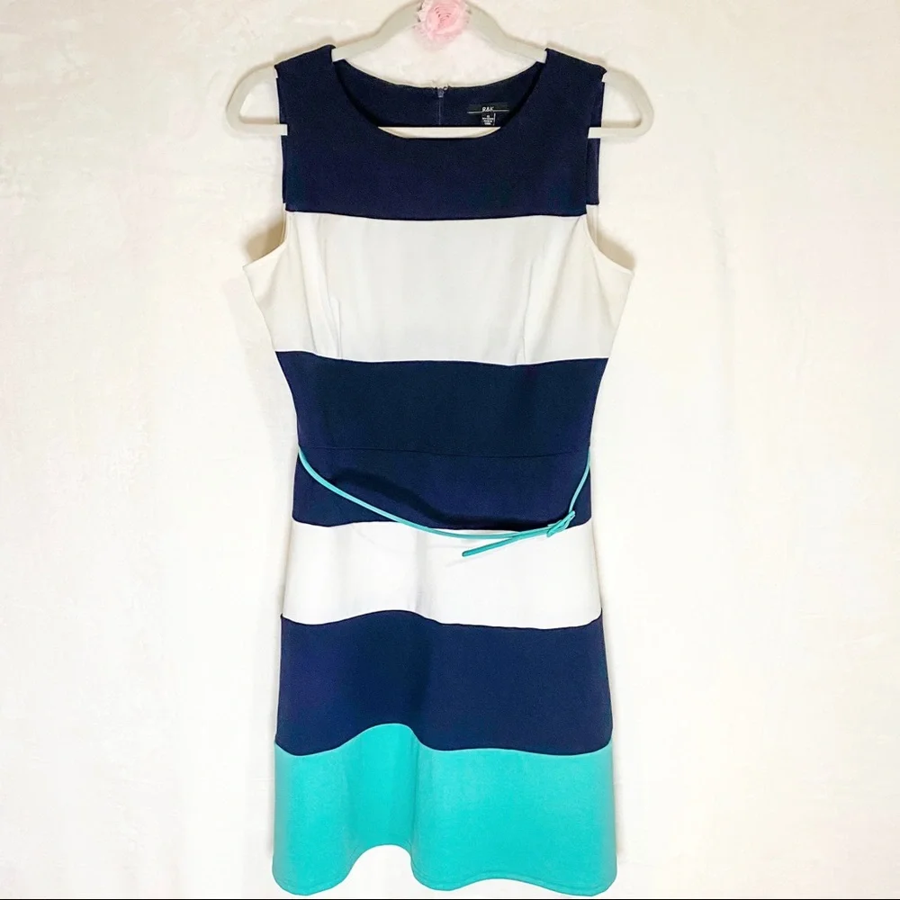 Sleeveless Striped Dress - Navy, White, and Teal - Picture 1 of 10